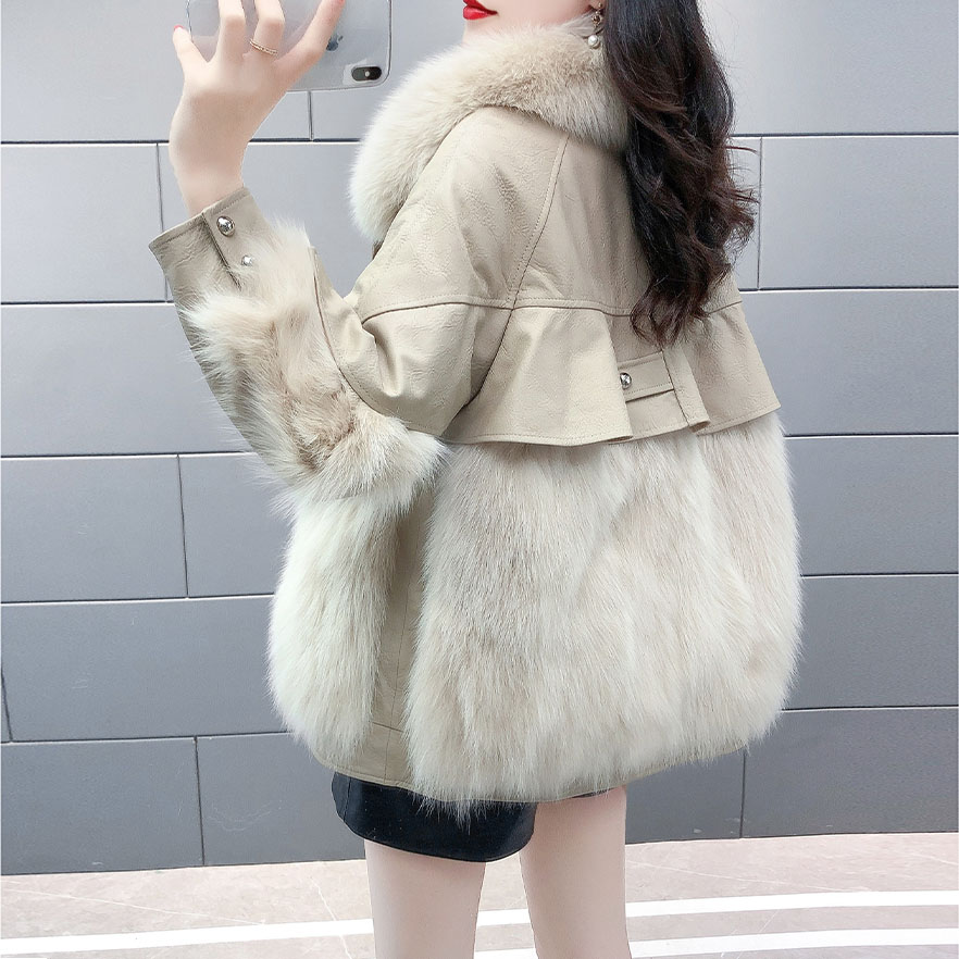 Womens faux fox fur collar PU leather thickening warm loose jacket coat SMLXLXXL