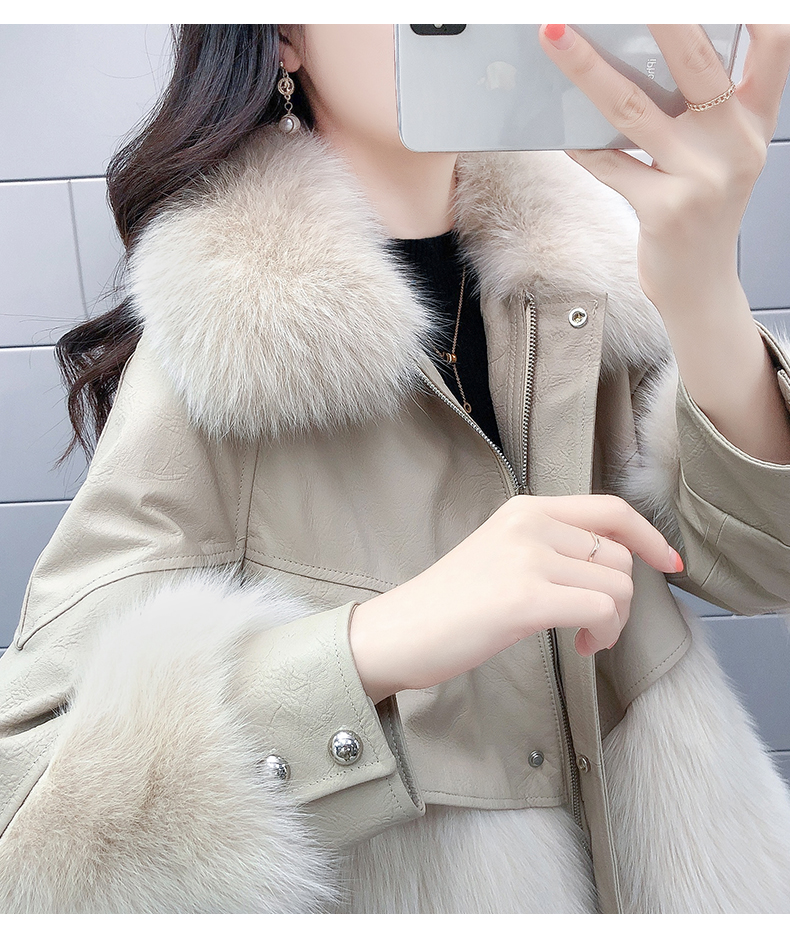 Womens faux fox fur collar PU leather thickening warm loose jacket coat SMLXLXXL