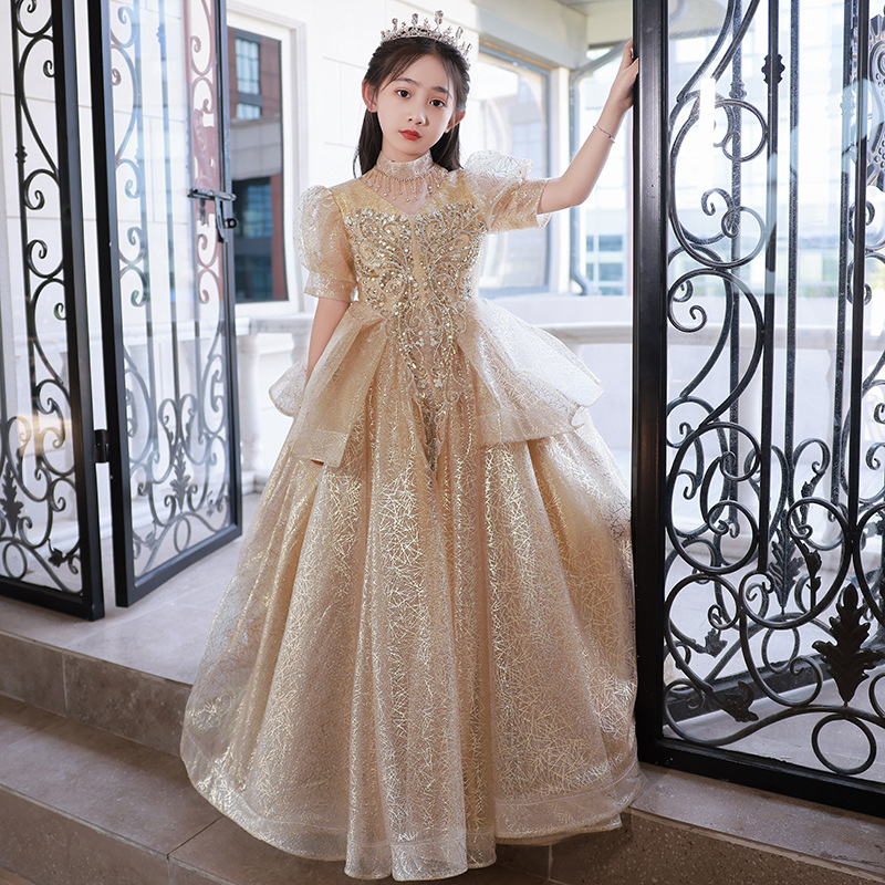Shiny Little Girls Pageant Gold Bling Appliques Toddler Ball Gown Flower Girl Dress Floor Length Tulle Gowns Ruffle Kids Formal Wear Crystal Flowers D