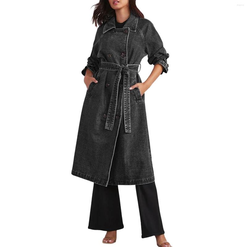 Women's Trench Coats Jean Jacket Vintage Long Coat Loose Fit Double Breasted Denim Korean