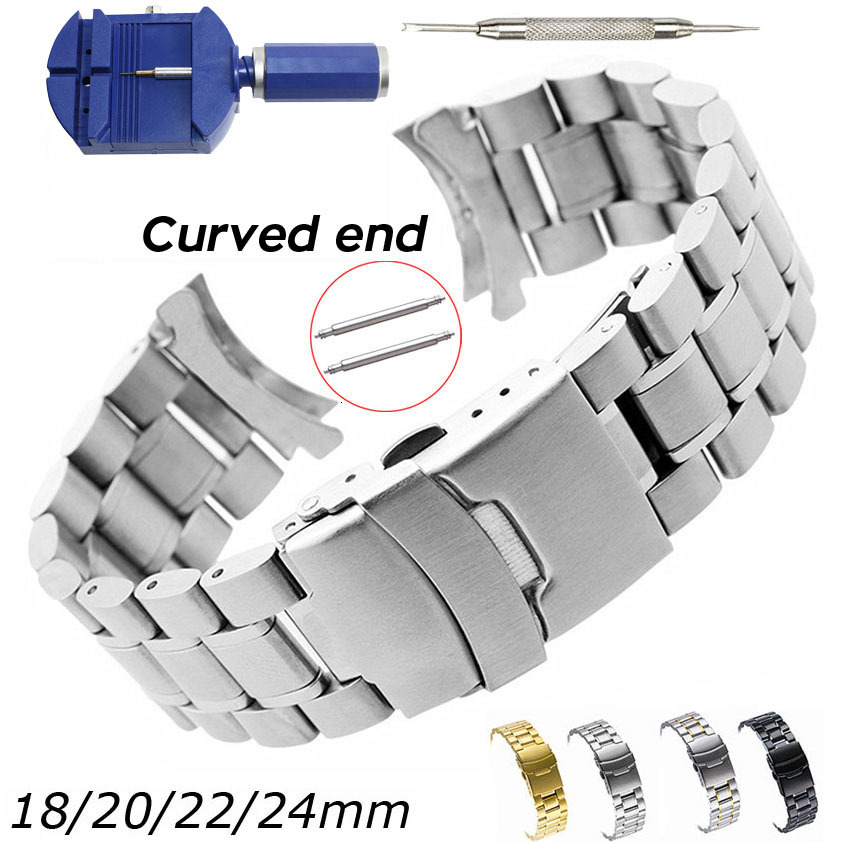 Watch Bands Curved End Watch Band 18mm 20mm 22mm 24mm Replacement Watch Strap Double Lock Clasp Stainless Steel Watchband with Tools 230922