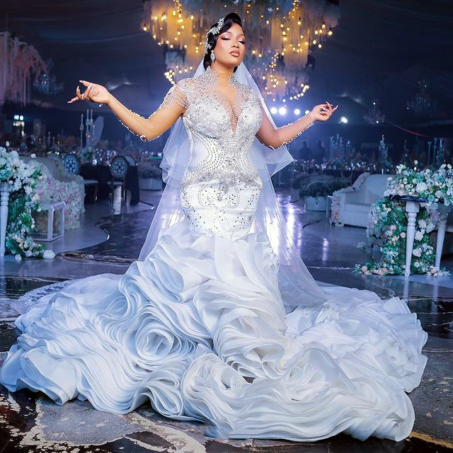 2023 Oct Arabic Aso Ebi White Mermaid Wedding Dress Beaded Crystals Detachable Train Bridal Gowns Dresses JZ333