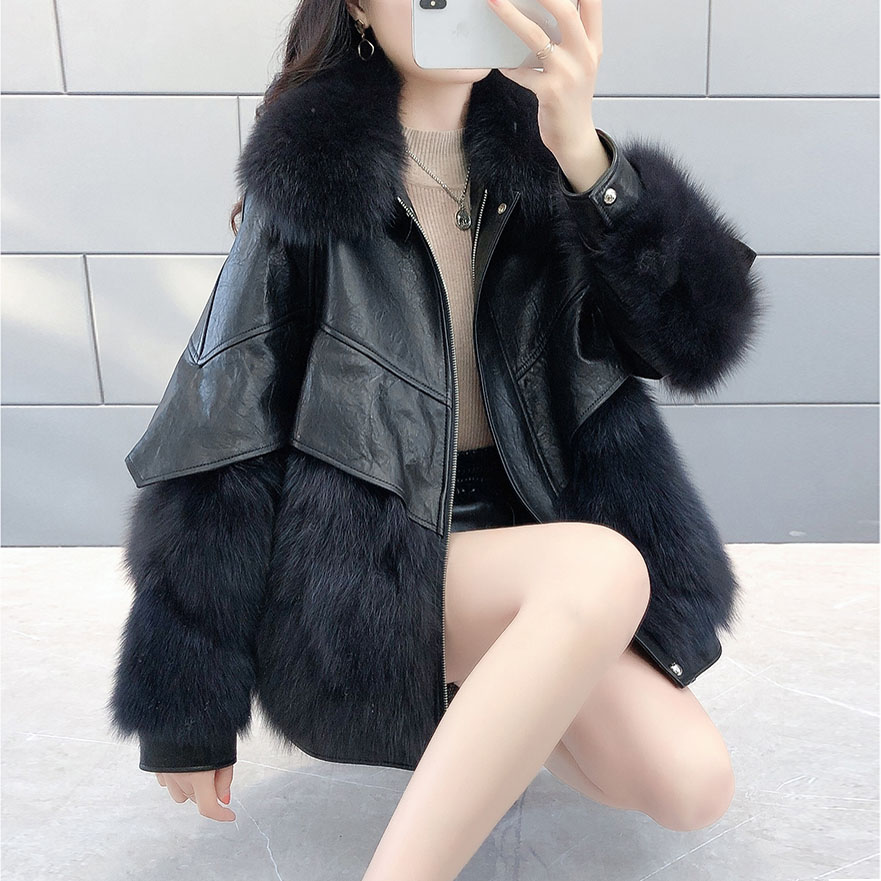 Womens faux fox fur collar PU leather thickening warm loose jacket coat SMLXLXXL