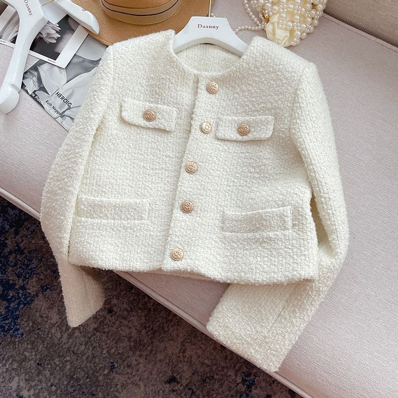 Women's Jackets Chic Tweed Coat Female Elegant O Neck Cropped Jacket Women Spring Fall Luxruy Korean Fashion pocket white Outwear Clothing 230922
