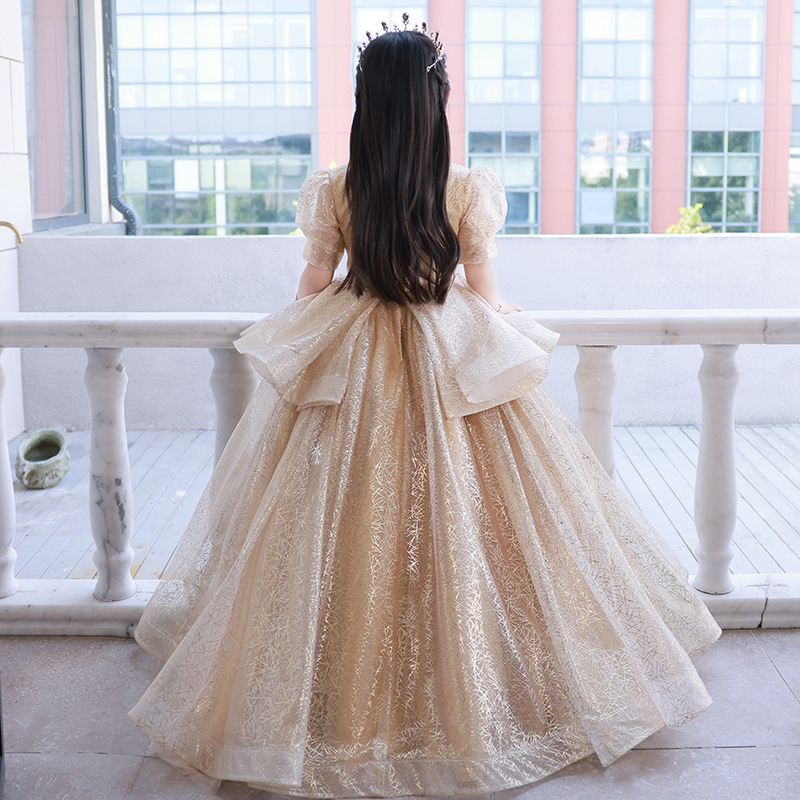 Shiny Little Girls Pageant Gold Bling Appliques Toddler Ball Gown Flower Girl Dress Floor Length Tulle Gowns Ruffle Kids Formal Wear Crystal Flowers D