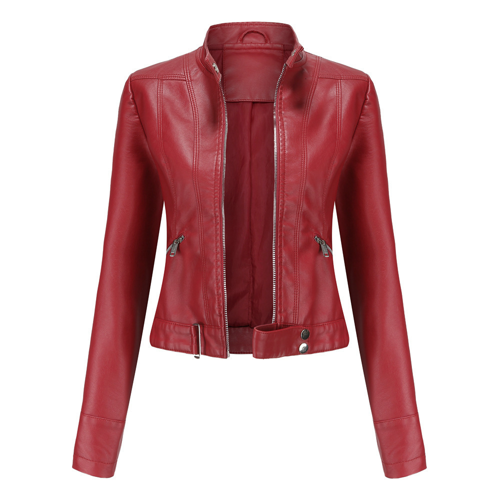 New Autumn Zipper Motorcycle Jacket Women Short Faux Soft Leather Jacket Black Red Leather Jacket Ladies Basic Street Coat 201226