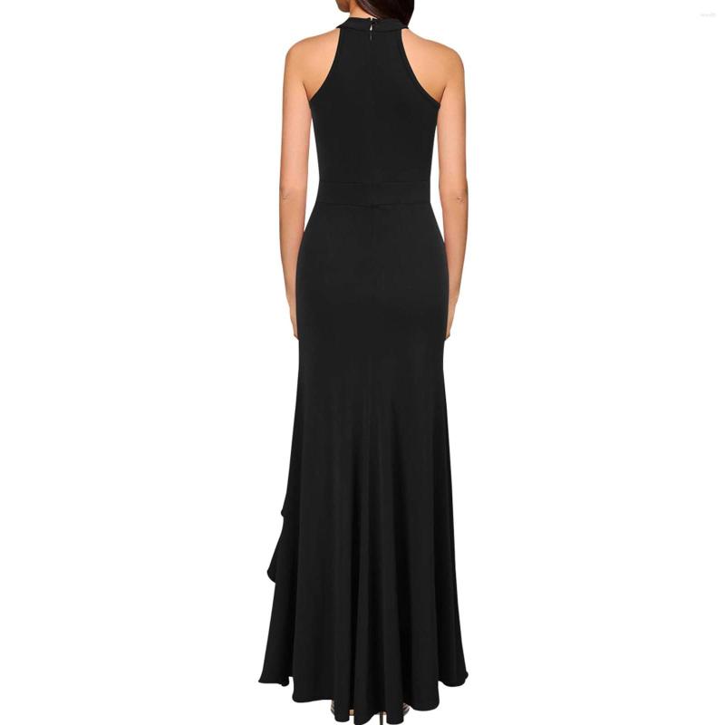 Casual Dresses Elegant Black Sleeveless Long Dress For Women Ruffle Wrap Pleated Slim Slit Formal Cocktail Wedding Guest Gown Party Robe