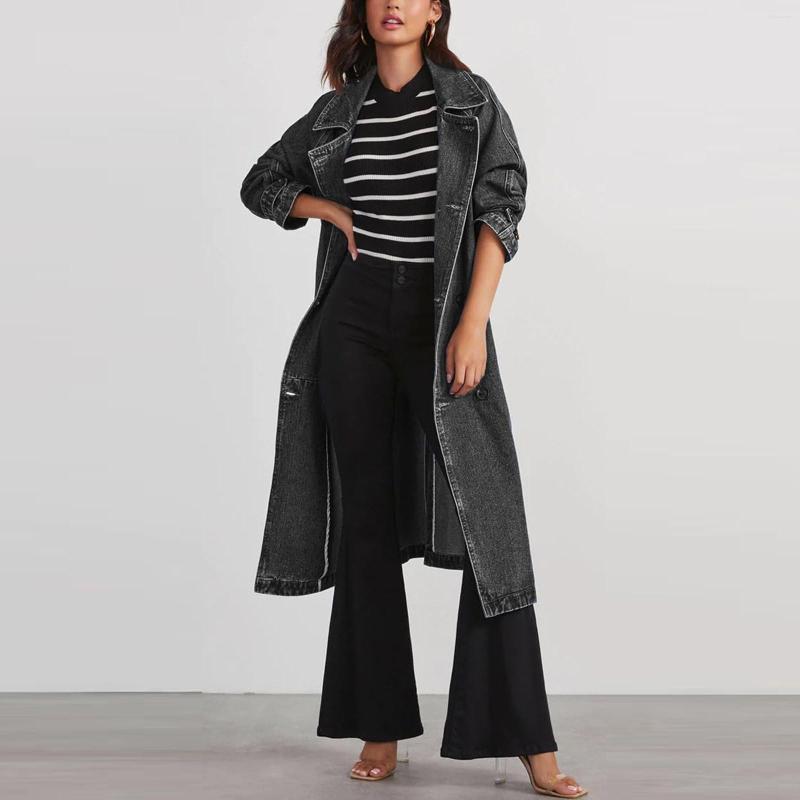 Women's Trench Coats Jean Jacket Vintage Long Coat Loose Fit Double Breasted Denim Korean