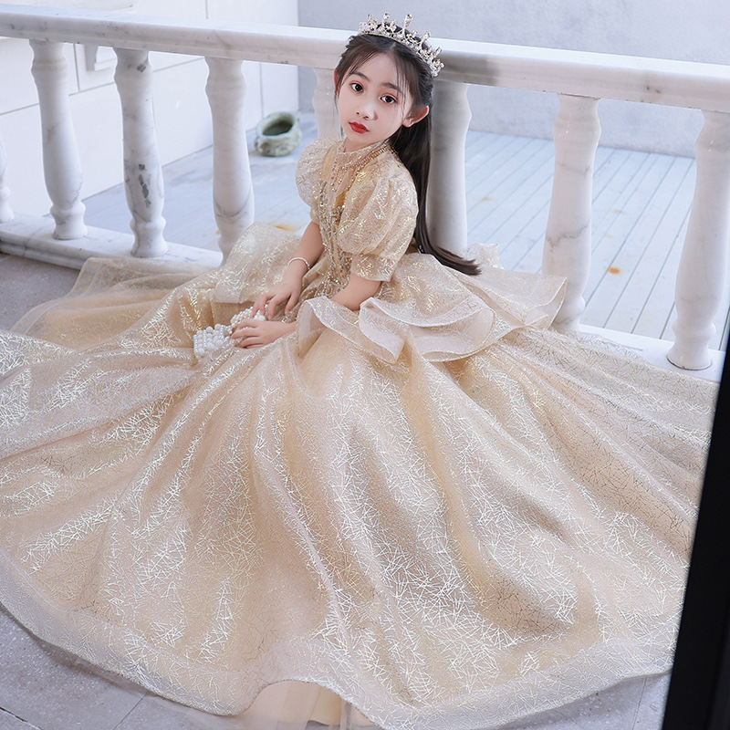 Shiny Little Girls Pageant Gold Bling Appliques Toddler Ball Gown Flower Girl Dress Floor Length Tulle Gowns Ruffle Kids Formal Wear Crystal Flowers D