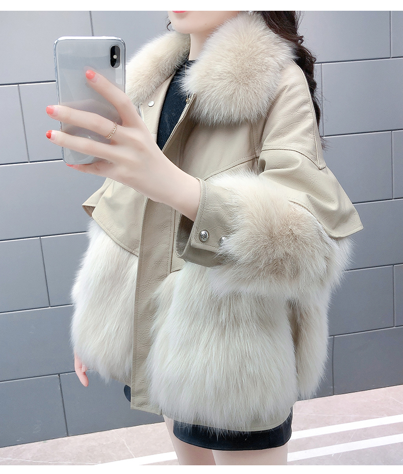 Womens faux fox fur collar PU leather thickening warm loose jacket coat SMLXLXXL