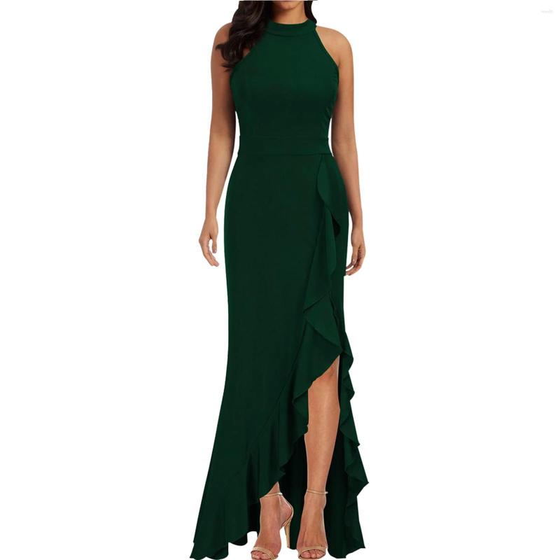 Casual Dresses Elegant Black Sleeveless Long Dress For Women Ruffle Wrap Pleated Slim Slit Formal Cocktail Wedding Guest Gown Party Robe