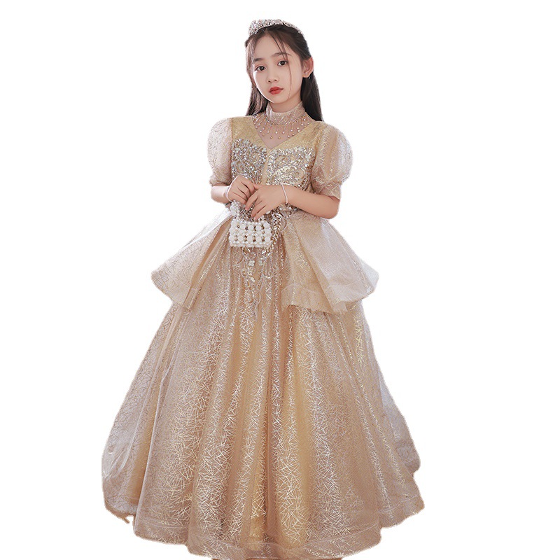 Shiny Little Girls Pageant Gold Bling Appliques Toddler Ball Gown Flower Girl Dress Floor Length Tulle Gowns Ruffle Kids Formal Wear Crystal Flowers D