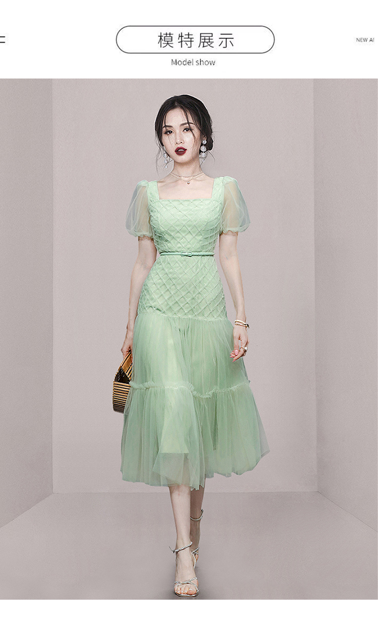 Basic Casual Dresses 2024 Summer Fashion Women Mesh Print Dress Elegant Square Neck Puff Sleeve Dress Mesh Slim A-line Dress