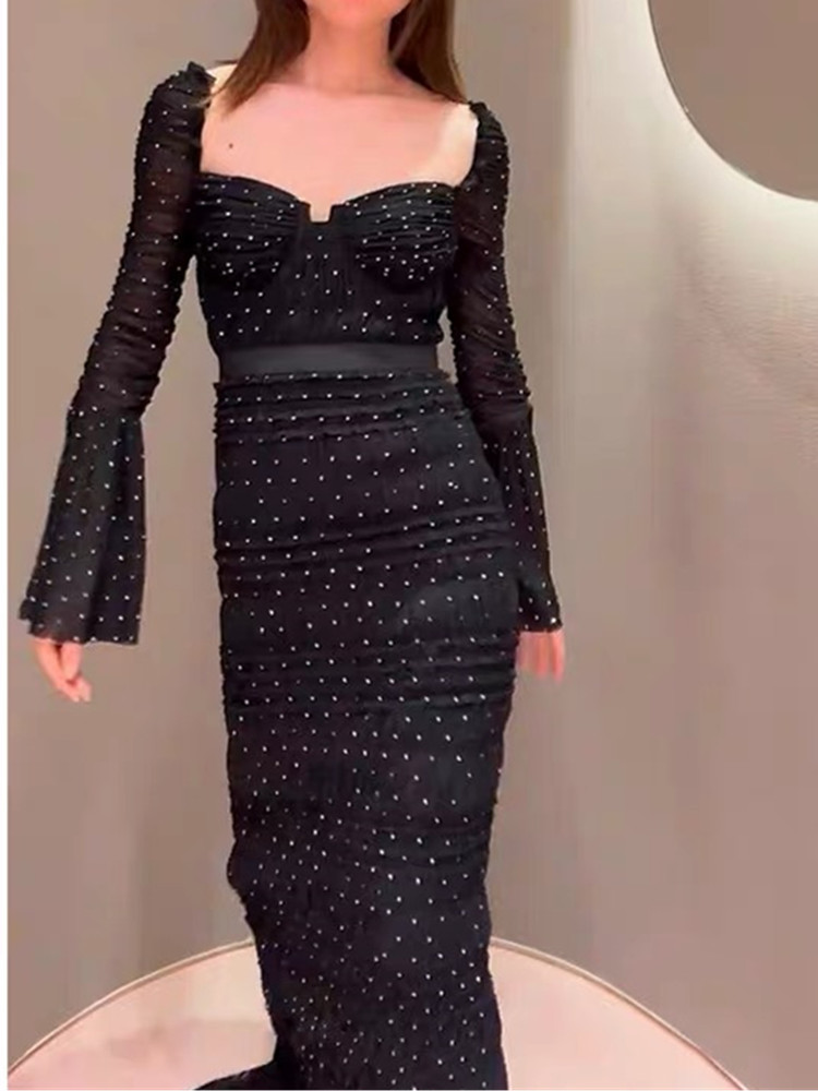 Basic Casual Dresses 2024 A Line New Fashion Autumn Square Collar Flare Long Sleeve Dot Print Runway Dress For Womens Vintage Elegant Split Mid-Length