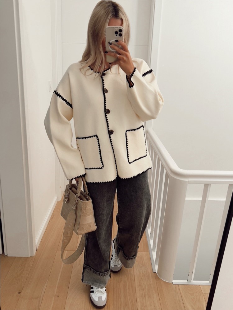 Women's Jackets Fashion Patchwork Knitted Short Coat Women O neck Long Sleeve Single Breasted Pocket Overcoat 2023 Autumn Chic Female Streetwear 