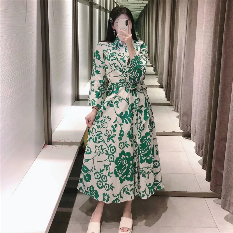 Basic Casual Dresse Vintage eam Totem Floral Print Bow Sashes Midi Shirt Dress Female Chic Three Quarter Sleeve Slim Vestidos Desses 230923