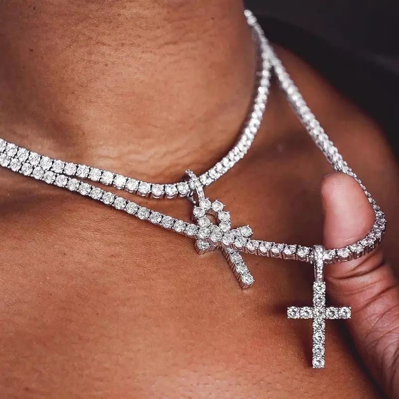 Religious Cross Pendant Necklace For Women Stainless Steel Plaged Gold Mens Tennis Chain Hip Hop Chains Necklaces Inlaid 4Mm CZ Stone Dia Jewelry Free