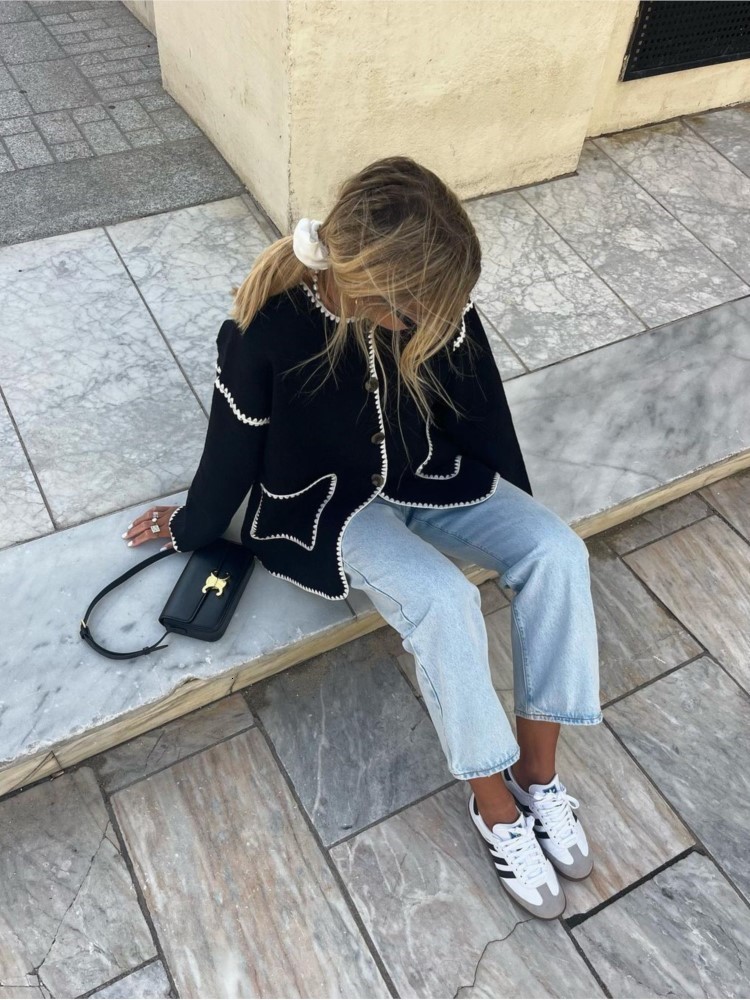 Women's Jackets Fashion Patchwork Knitted Short Coat Women O neck Long Sleeve Single Breasted Pocket Overcoat 2023 Autumn Chic Female Streetwear 