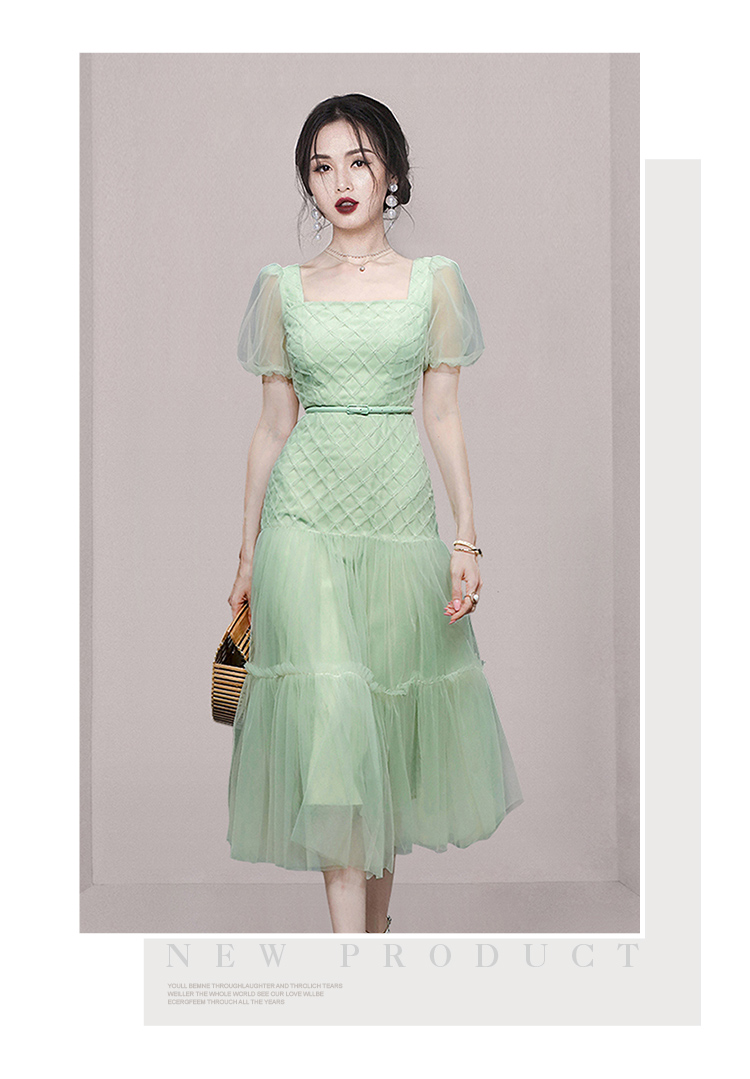 Basic Casual Dresses 2024 Summer Fashion Women Mesh Print Dress Elegant Square Neck Puff Sleeve Dress Mesh Slim A-line Dress