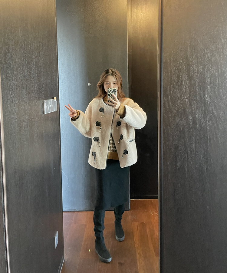 Women's winter lamb hair mixed with sheared real fur short coat jacket size