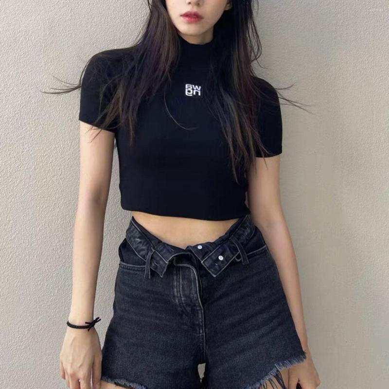 Women's T Shirts CINESSD 2023 Summer Casual Half Turtleneck Letter Sweater Fashion Short Sleeve Navel T-shirt Slim Fit Girl Style Top