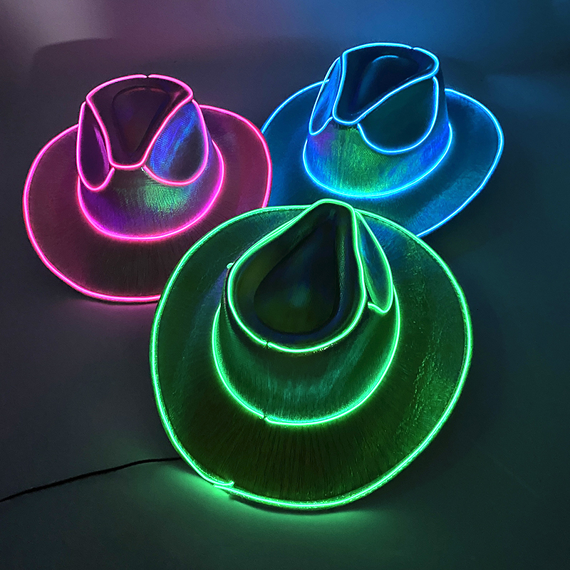 Party Hats LED Glowing Cowgirl Hat Neon Luminous Bride Hat For Holiday Light Up Supplies Fluorescent Party Props Bachelorette Party Hat 230923