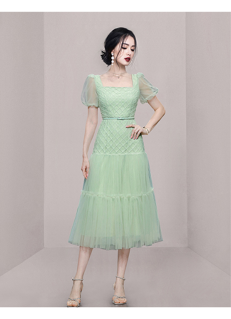 Basic Casual Dresses 2024 Summer Fashion Women Mesh Print Dress Elegant Square Neck Puff Sleeve Dress Mesh Slim A-line Dress