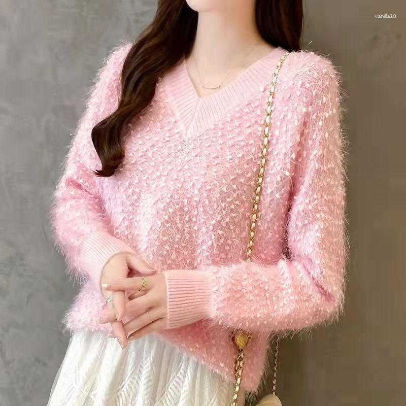 Womens Sweaters Pink Spring Princess Fur Furry Plush Pullover V-Collar Warm Sweater Women Girl Pull Slim Top Cloth Outer Coat