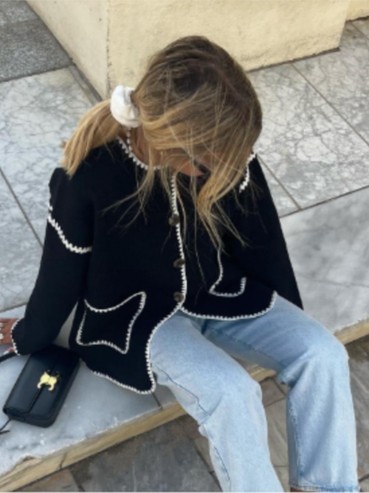 Women's Jackets Fashion Patchwork Knitted Short Coat Women O neck Long Sleeve Single Breasted Pocket Overcoat 2023 Autumn Chic Female Streetwear 