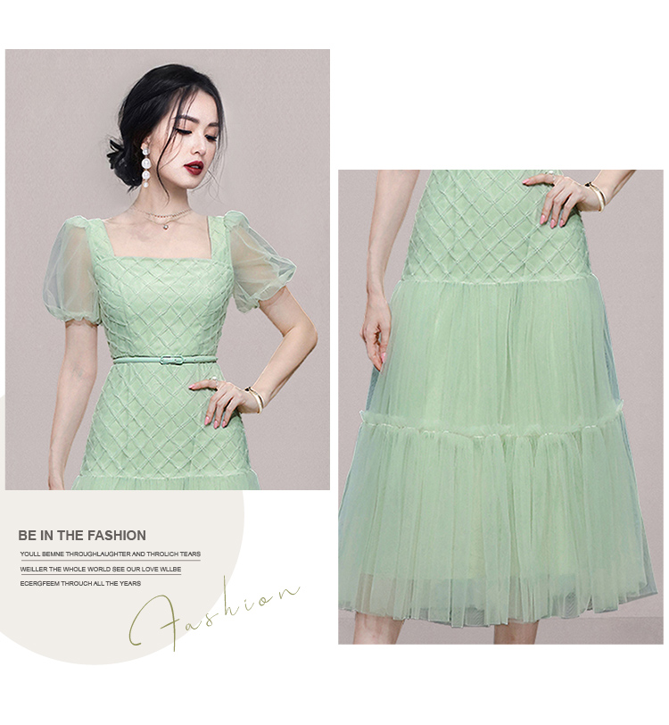 Basic Casual Dresses 2024 Summer Fashion Women Mesh Print Dress Elegant Square Neck Puff Sleeve Dress Mesh Slim A-line Dress