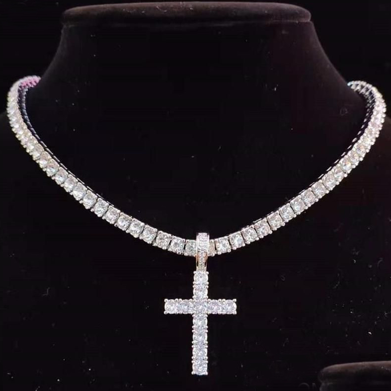Religious Cross Pendant Necklace For Women Stainless Steel Plaged Gold Mens Tennis Chain Hip Hop Chains Necklaces Inlaid 4Mm CZ Stone Dia Jewelry Free
