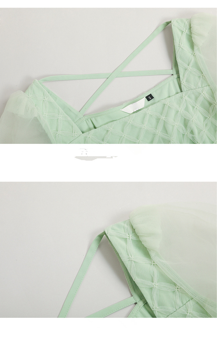 Basic Casual Dresses 2024 Summer Fashion Women Mesh Print Dress Elegant Square Neck Puff Sleeve Dress Mesh Slim A-line Dress