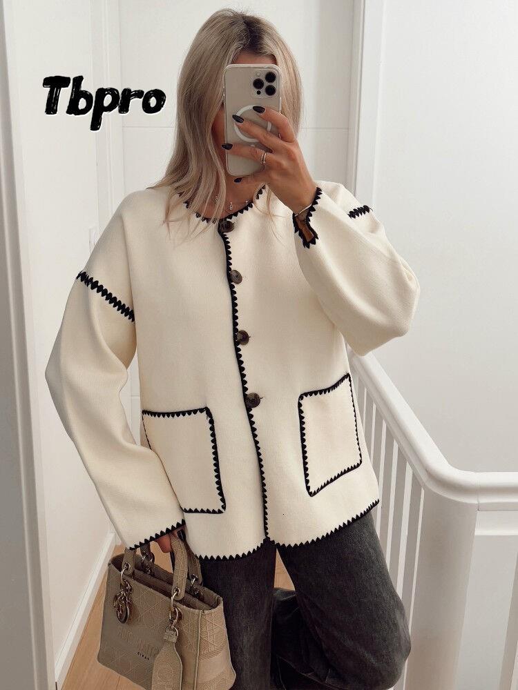 Women's Jackets Fashion Patchwork Knitted Short Coat Women O neck Long Sleeve Single Breasted Pocket Overcoat 2023 Autumn Chic Female Streetwear 