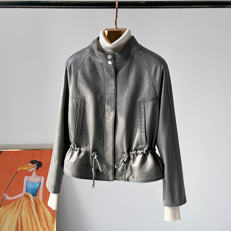 OC228M22 Women's Genuine Leather Coat Autumn/Winter Jacket Sheepskin Short Style Zipper Daily Commuting