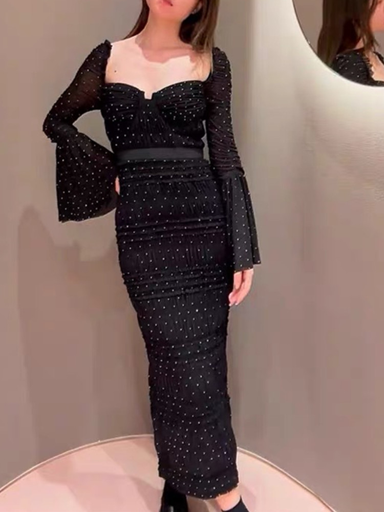 Basic Casual Dresses 2024 A Line New Fashion Autumn Square Collar Flare Long Sleeve Dot Print Runway Dress For Womens Vintage Elegant Split Mid-Length