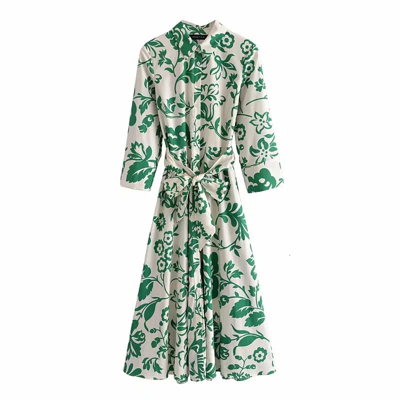 Basic Casual Dresse Vintage eam Totem Floral Print Bow Sashes Midi Shirt Dress Female Chic Three Quarter Sleeve Slim Vestidos Desses 230923