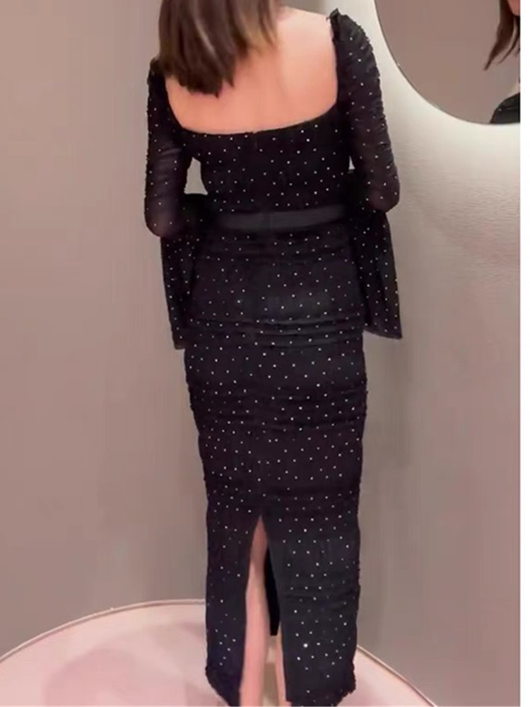 Basic Casual Dresses 2024 A Line New Fashion Autumn Square Collar Flare Long Sleeve Dot Print Runway Dress For Womens Vintage Elegant Split Mid-Length