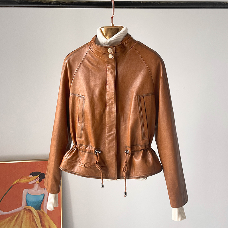 OC228M22 Women's Genuine Leather Coat Autumn/Winter Jacket Sheepskin Short Style Zipper Daily Commuting
