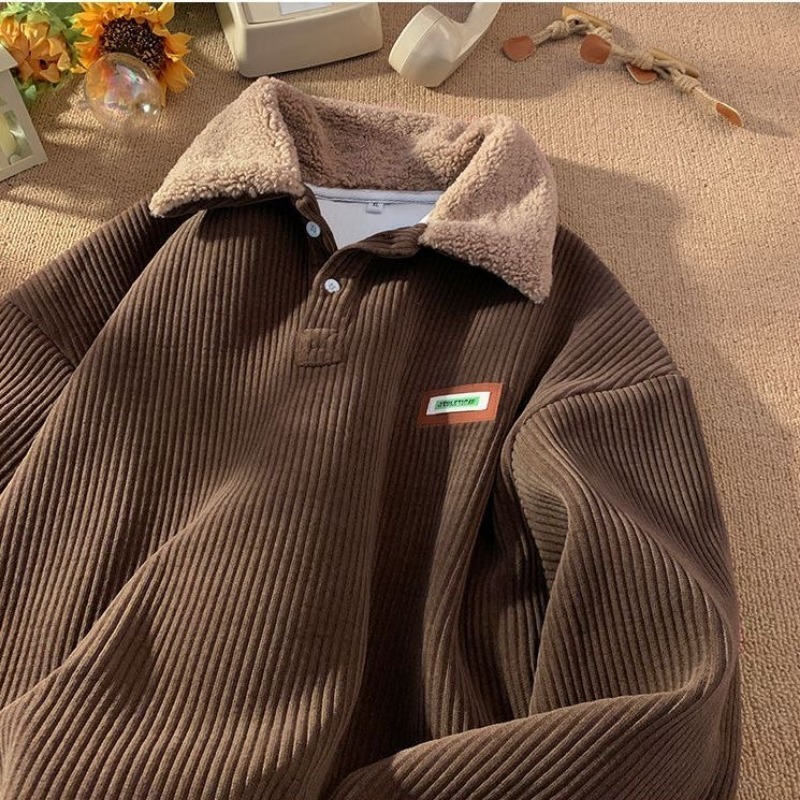 Mens Hoodies Sweatshirts Corduroy Warm Winter Man Long Sleeves Polo Korean Style Pullovers Fashion Casual Simple Clothing Male