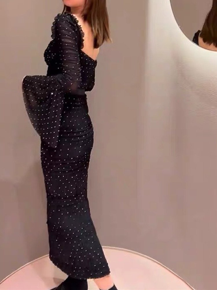 Basic Casual Dresses 2024 A Line New Fashion Autumn Square Collar Flare Long Sleeve Dot Print Runway Dress For Womens Vintage Elegant Split Mid-Length