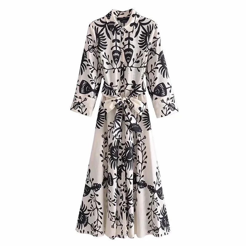Basic Casual Dresse Vintage eam Totem Floral Print Bow Sashes Midi Shirt Dress Female Chic Three Quarter Sleeve Slim Vestidos Desses 230923