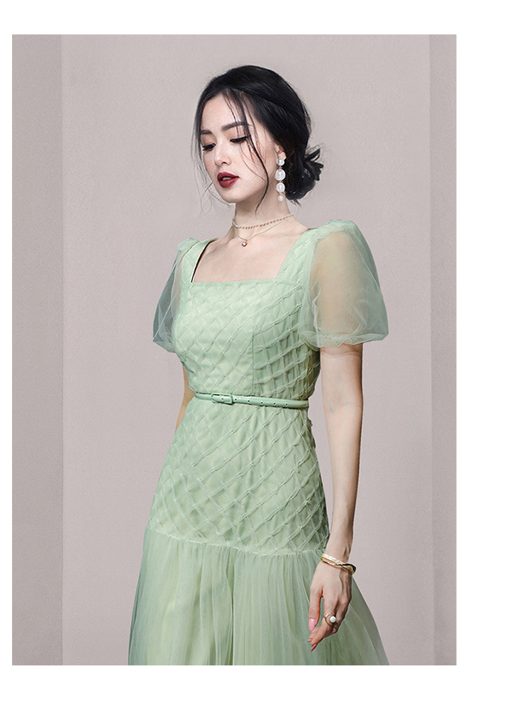 Basic Casual Dresses 2024 Summer Fashion Women Mesh Print Dress Elegant Square Neck Puff Sleeve Dress Mesh Slim A-line Dress