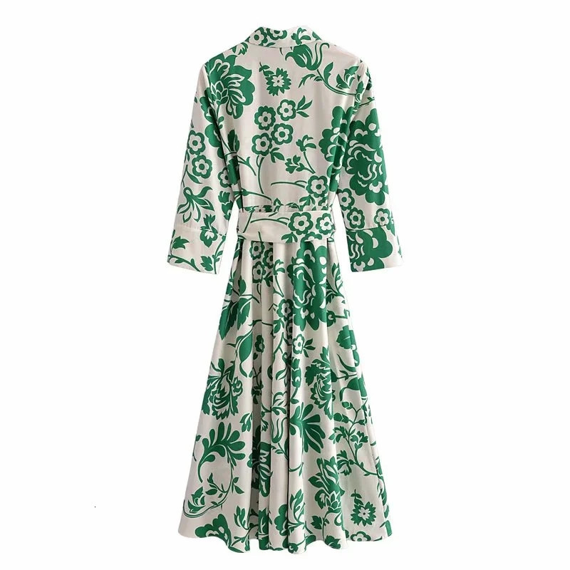 Basic Casual Dresse Vintage eam Totem Floral Print Bow Sashes Midi Shirt Dress Female Chic Three Quarter Sleeve Slim Vestidos Desses 230923