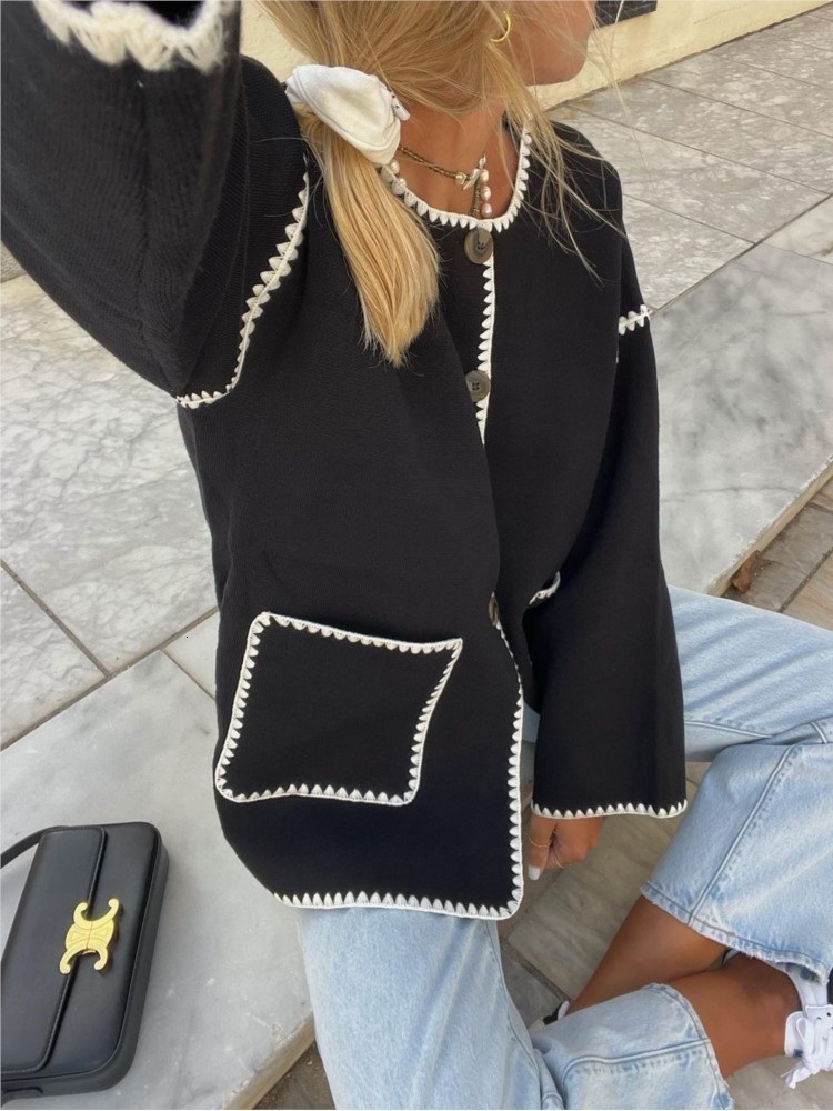 Women's Jackets Fashion Patchwork Knitted Short Coat Women O neck Long Sleeve Single Breasted Pocket Overcoat 2023 Autumn Chic Female Streetwear 