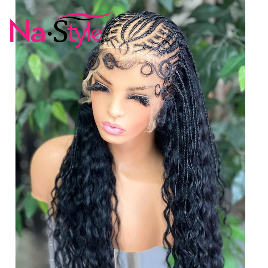 Peruvian 28 Cornrow Braids Lace Wigs 13x4 Lace Frontal Wig Braided Curly Lace Front Wig With Baby Hair Frontal Afro Wig For Black Women