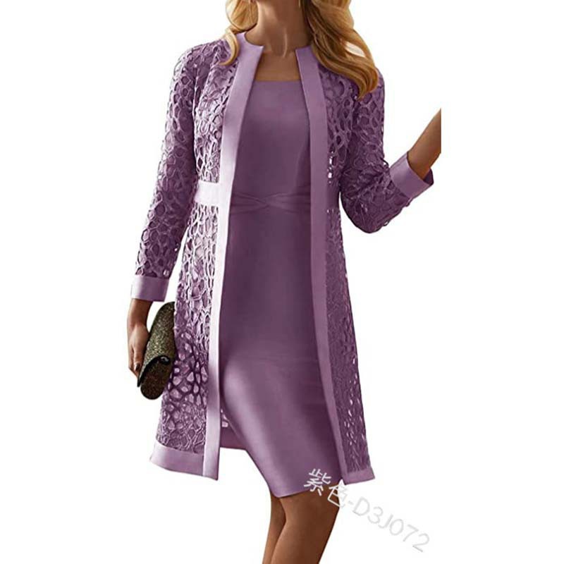 Two Pieces Short Mother Of The Bride Dresses New Satin Appliques Sheath Evening Gowns Long Sleeve Lace Ruffles Knee-Length Women Formal Party Wedding 