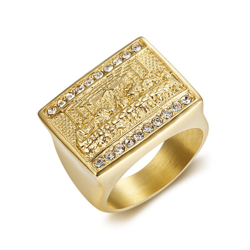 Classic Square The Last Supper Stainless Steel Casting Mens Ring 18k Real Gold Plated Jewelry