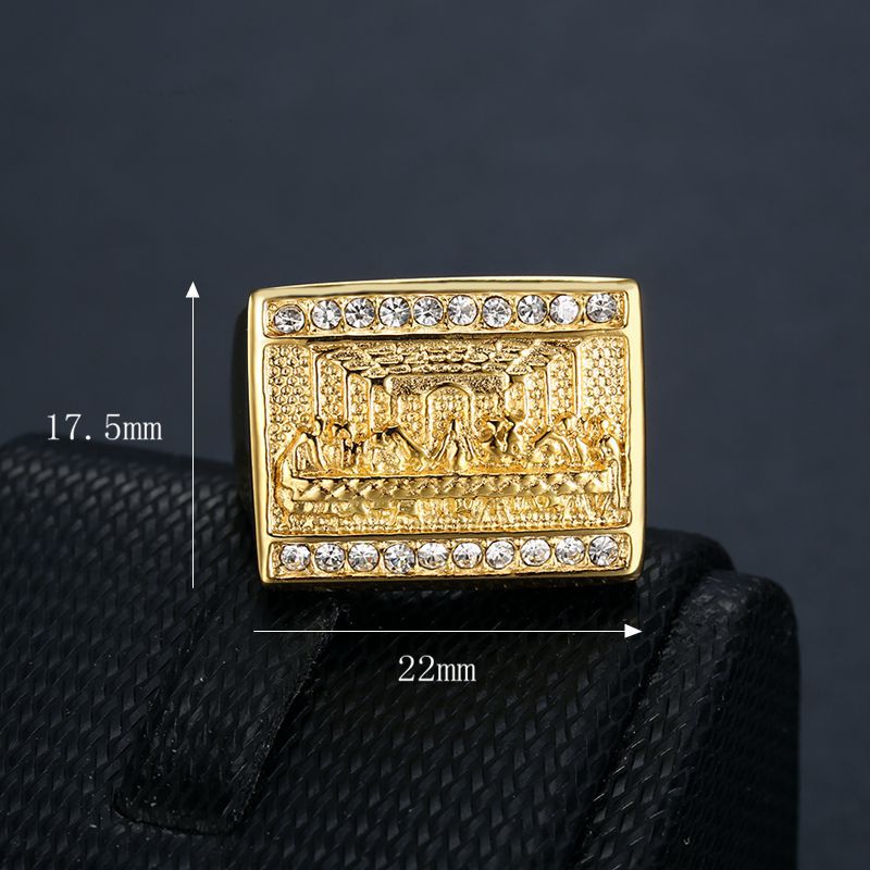Classic Square The Last Supper Stainless Steel Casting Mens Ring 18k Real Gold Plated Jewelry