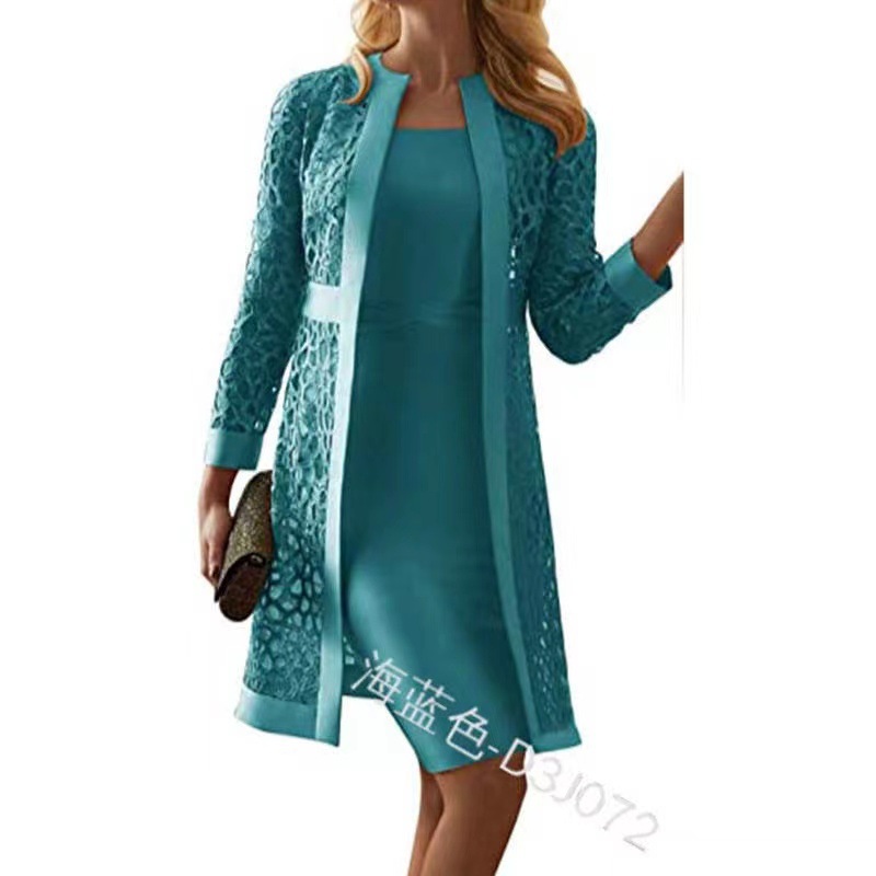 Two Pieces Short Mother Of The Bride Dresses New Satin Appliques Sheath Evening Gowns Long Sleeve Lace Ruffles Knee-Length Women Formal Party Wedding 