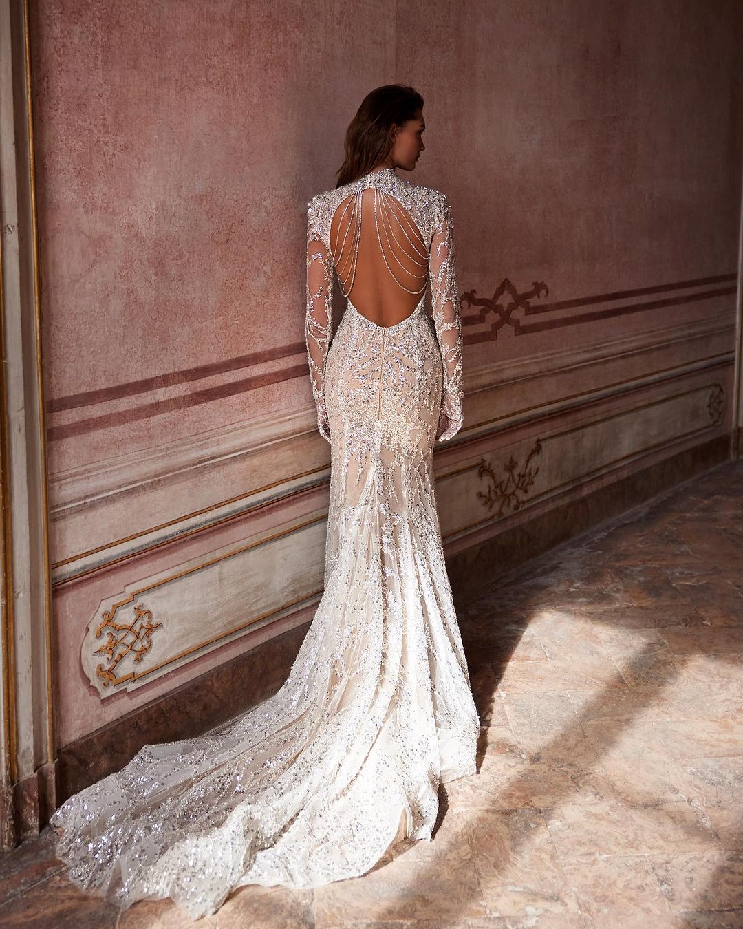 Fashion Lace Shine Mermaid Evening Dresses Chain Backless Ball Gown Long-Sleeve Plus Size Brush Train Bridal Gowns Dress Customized D-H23386